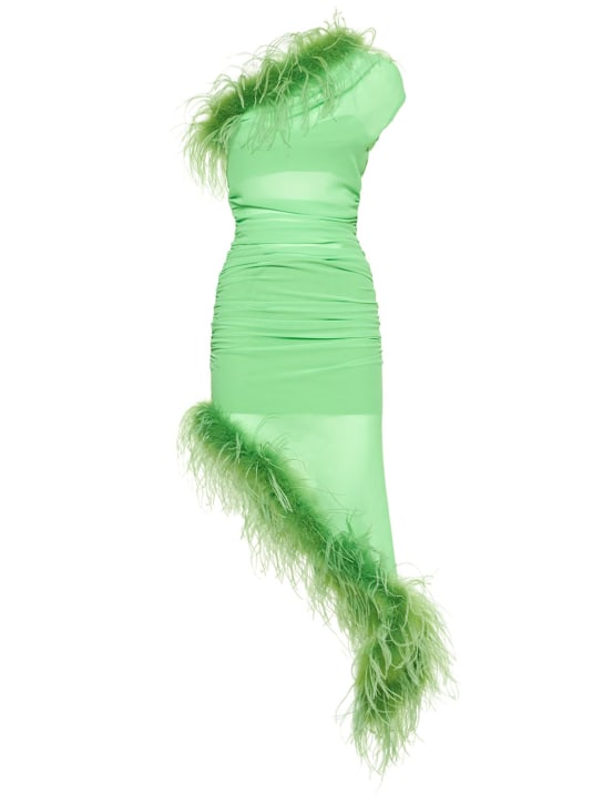 Vestido corto asimétrico con plumas