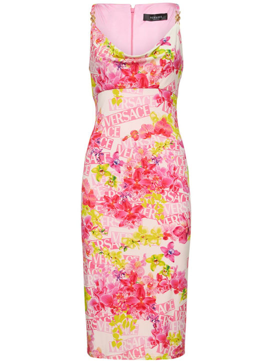 Versace - Robe midi en jersey imprimé orchidée et logo