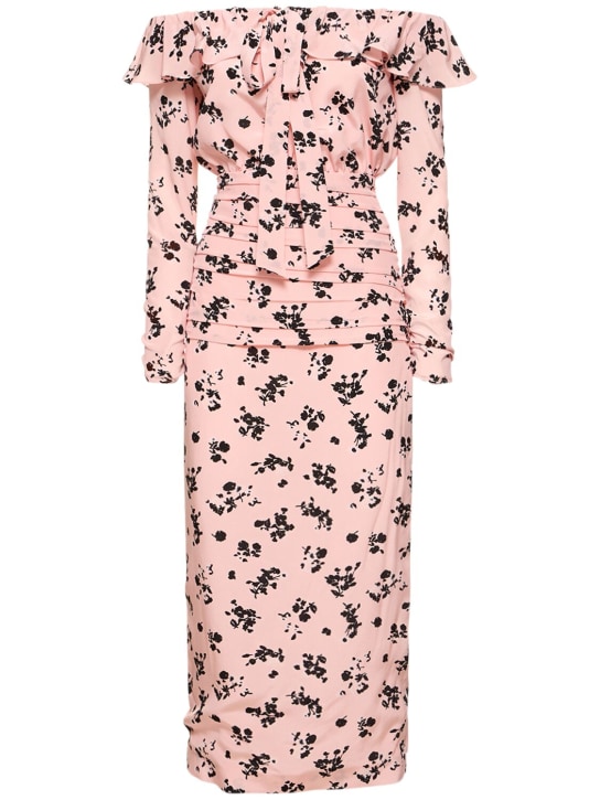 Alessandra Rich: Robe mi-longue en soie imprimée à col bardot
