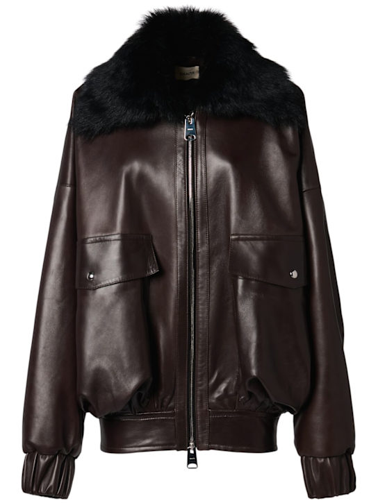 Khaite: Giacca in pelle Daemon con collo in pelliccia