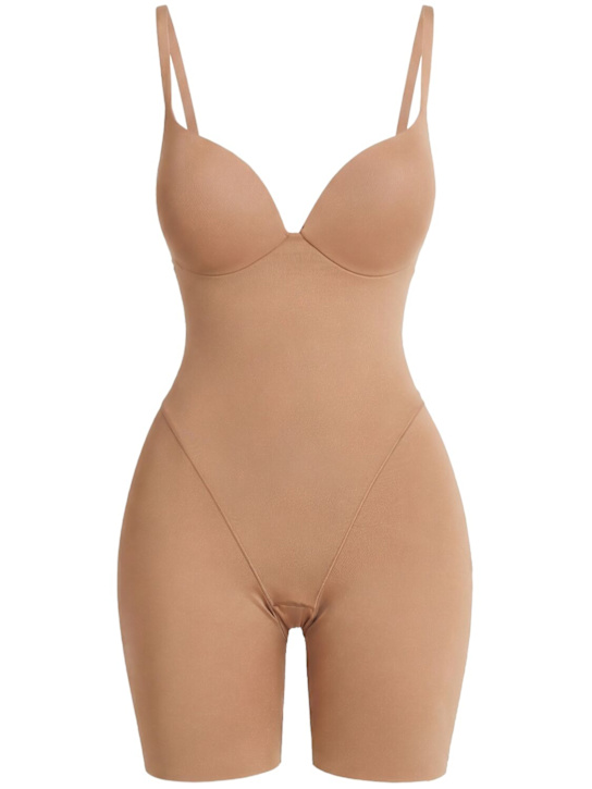 Nylon blend plunge mid thigh bodysuit