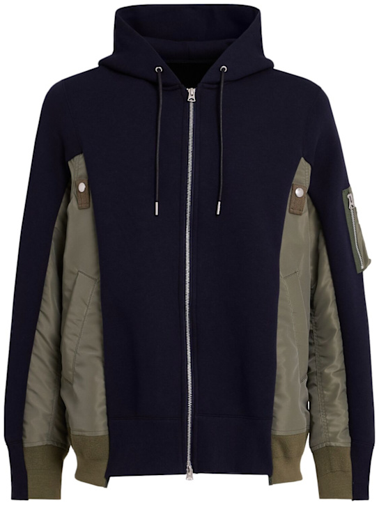 Sacai: Hoodie aus Fleece und Nylontwill