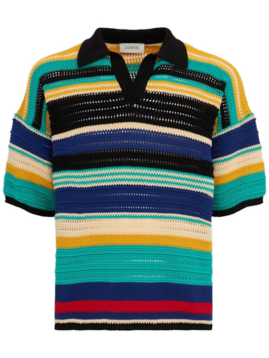 Laneus - Striped knit cotton polo shirt
