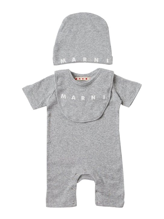 Marni Junior: Cotton logo romper, hat & bib