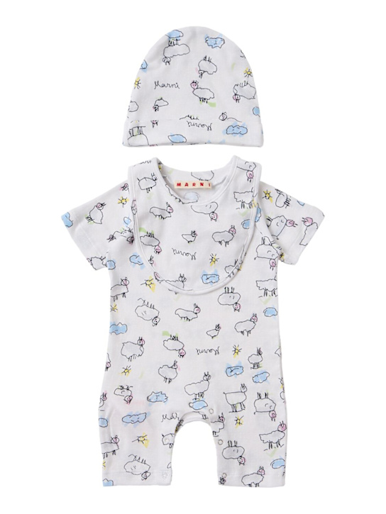 Marni Junior: Cotton logo romper, hat & bib