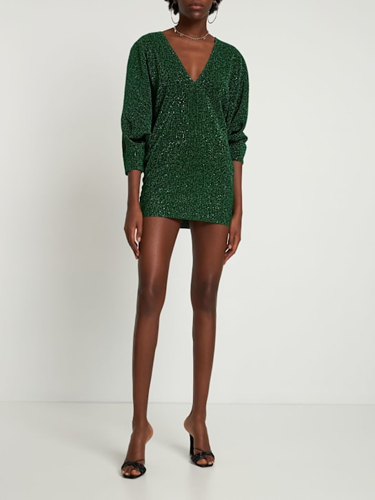 Nué: Kenza embellished plunge neck mini dress