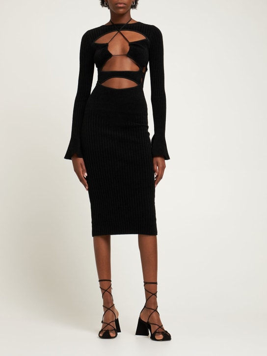 Andreadamo: Ribbed knit velvet midi dress w/cut out