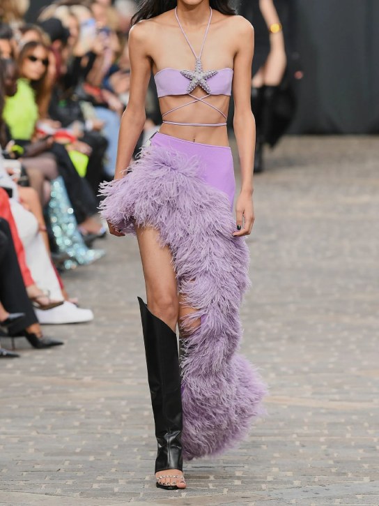 David Koma: Feathered cady midi skirt w/ hip cutout