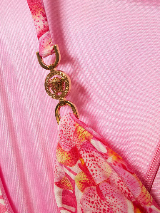 Versace: Robe midi en jersey imprimé orchidée et logo