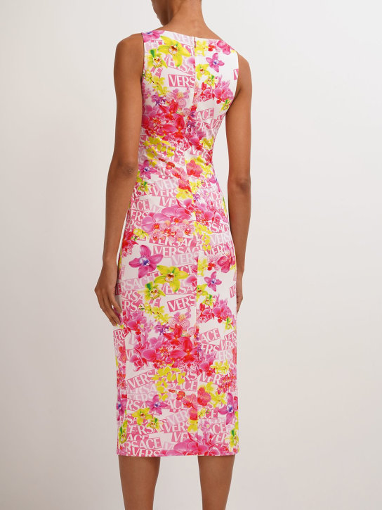 Versace: Robe midi en jersey imprimé orchidée et logo