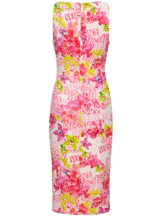 Versace: Robe midi en jersey imprimé orchidée et logo