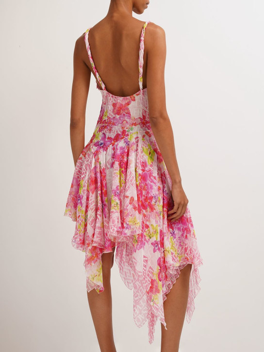 Versace: Robe courte en mousseline de soie imprimé orchidée