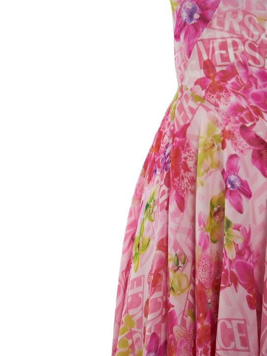 Versace: Robe courte en mousseline de soie imprimé orchidée