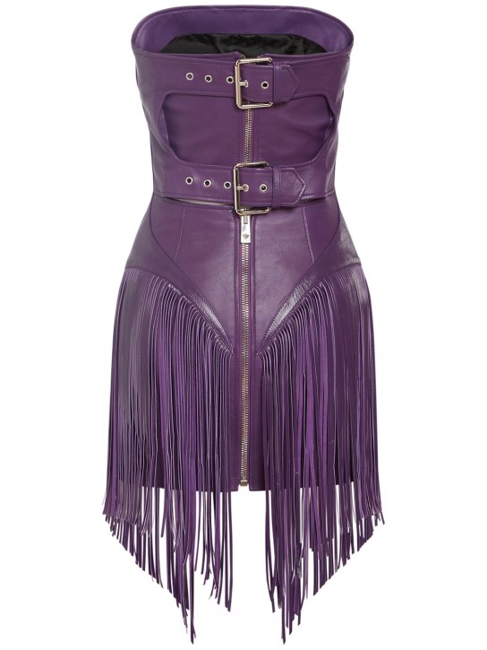 Versace: Robe courte en cuir à franges