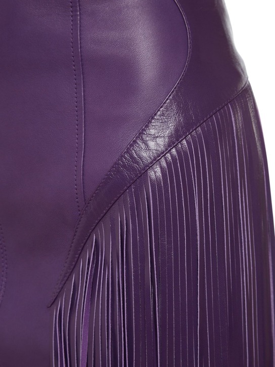 Versace: Robe courte en cuir à franges