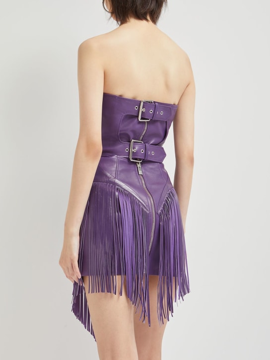 Versace: Robe courte en cuir à franges