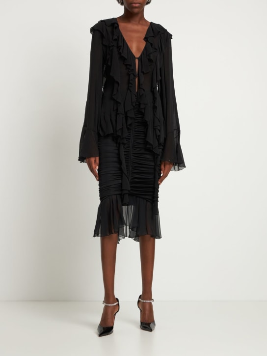 Blumarine - Jupe midi drapée en jersey et mousseline