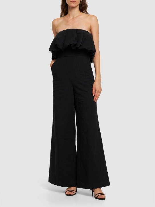 SIMKHAI: Jumpsuit de lino y algodón hombros descubiertos