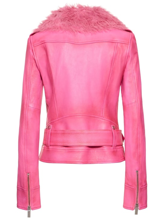 Blumarine: Belted leather jacket w/ fur collar
