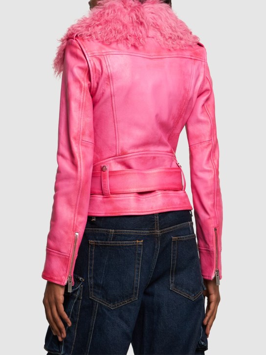 Blumarine: Belted leather jacket w/ fur collar