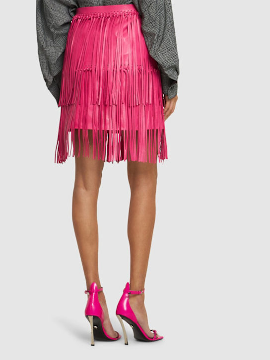 Oscar De La Renta: Jupe courte en cuir à franges taille haute