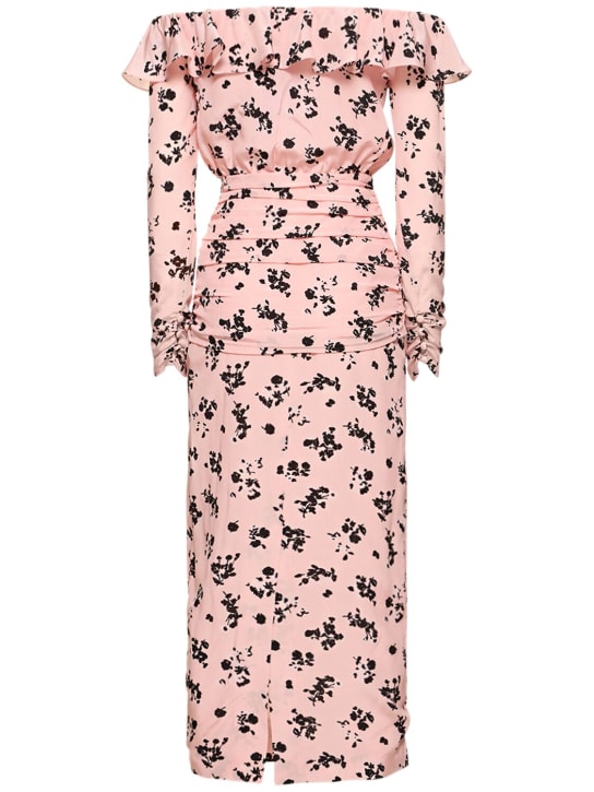 Alessandra Rich: Robe mi-longue en soie imprimée à col bardot