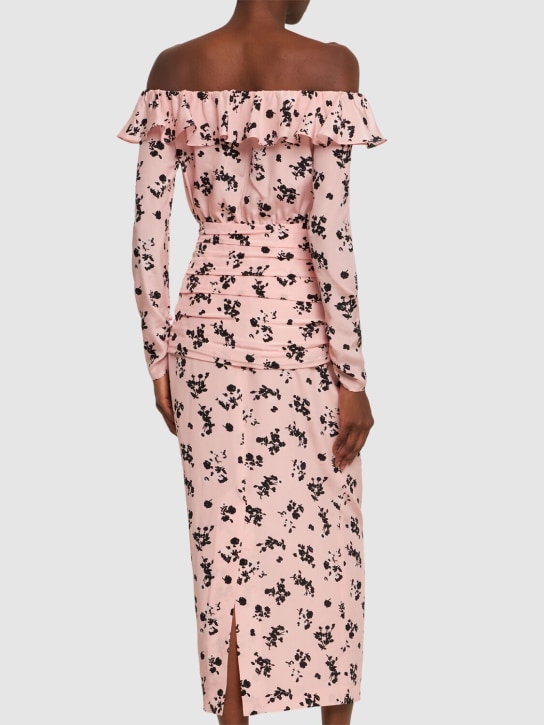 Alessandra Rich: Robe mi-longue en soie imprimée à col bardot