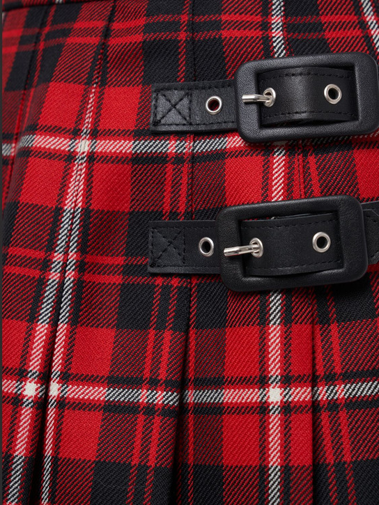 Alessandra Rich: Pleated wool tartan mini skirt w/buckles
