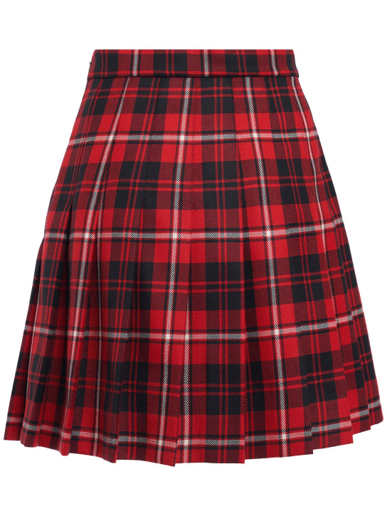 Alessandra Rich: Pleated wool tartan mini skirt w/buckles