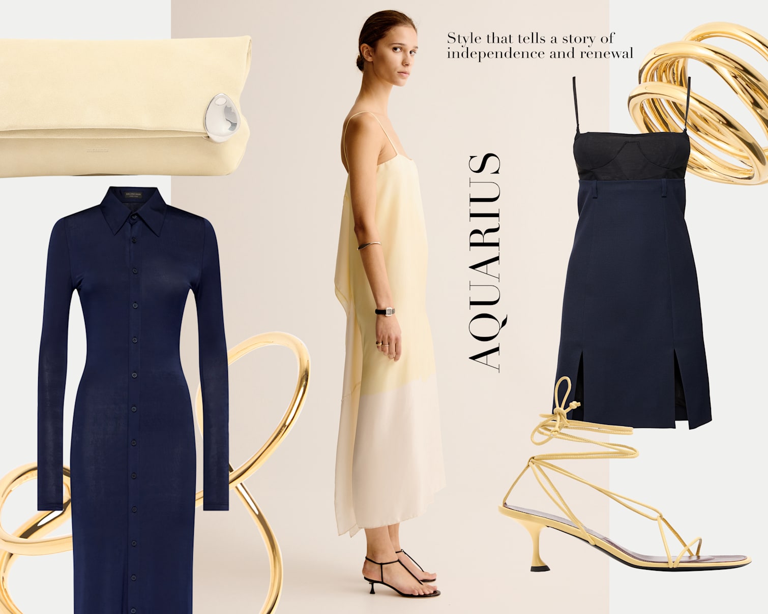 Abbigliamento e accessori in giallo burro, blu navy e oro. Bracciali rigidi, clutch, vestiti versatili e sandali con lacci.
