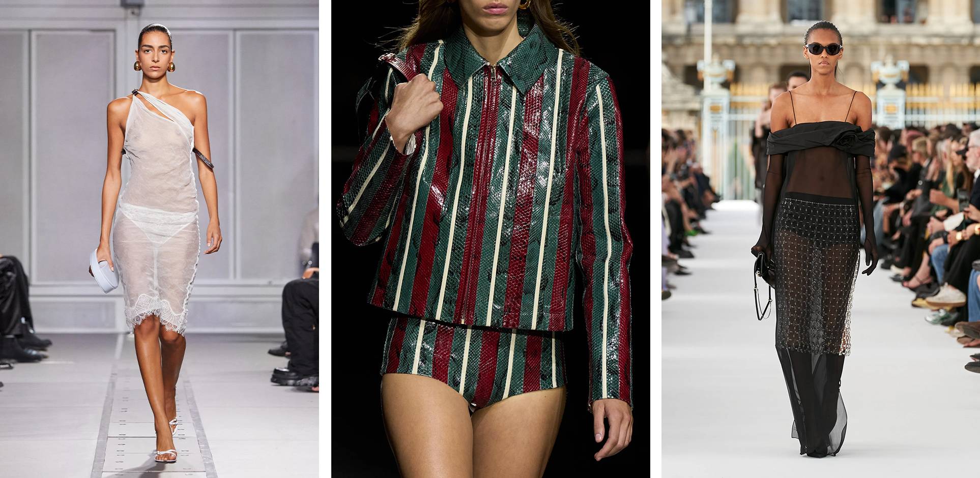 vestiti trasparenti e hot pants in passerella