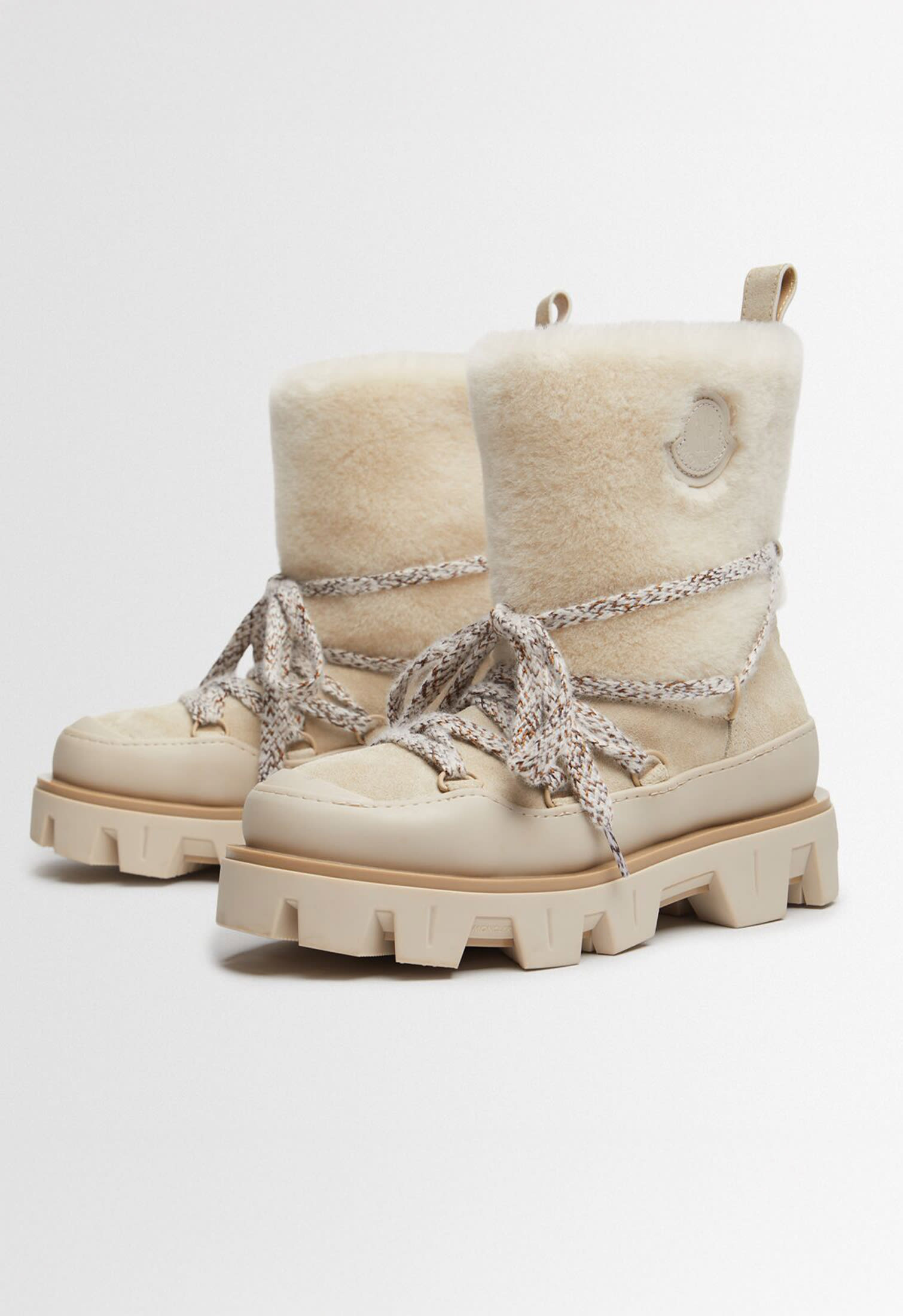 Moncler Grenoble stivaletti da sci beige con pellicciotto e laccio