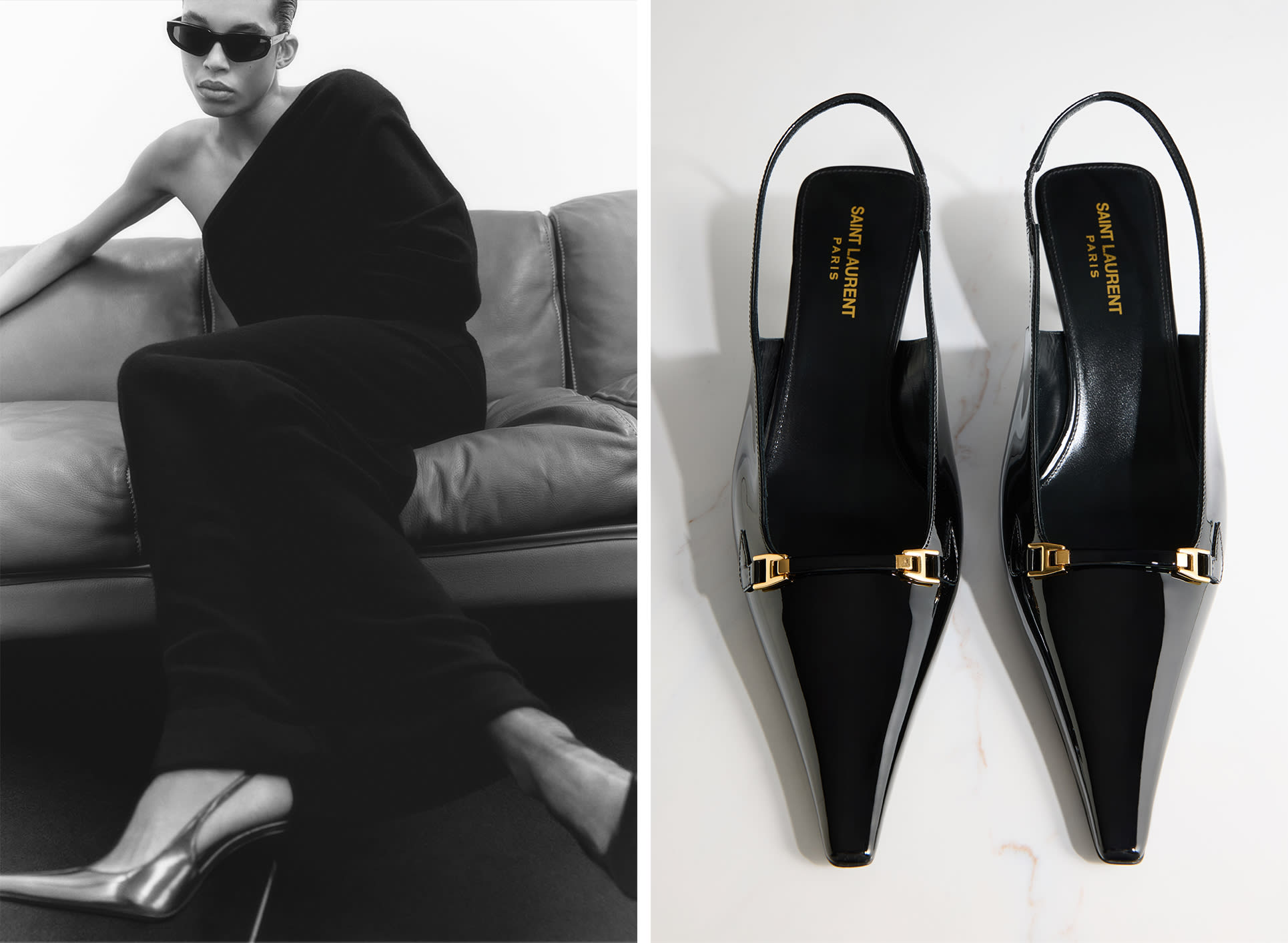Modella seduta sul divano con abito lungo monospalla nero, occhiali da sole e slingback in pelle nera, primo piano delle slingback in pelle nera di Saint Laurent con dettaglio fibbia dorata