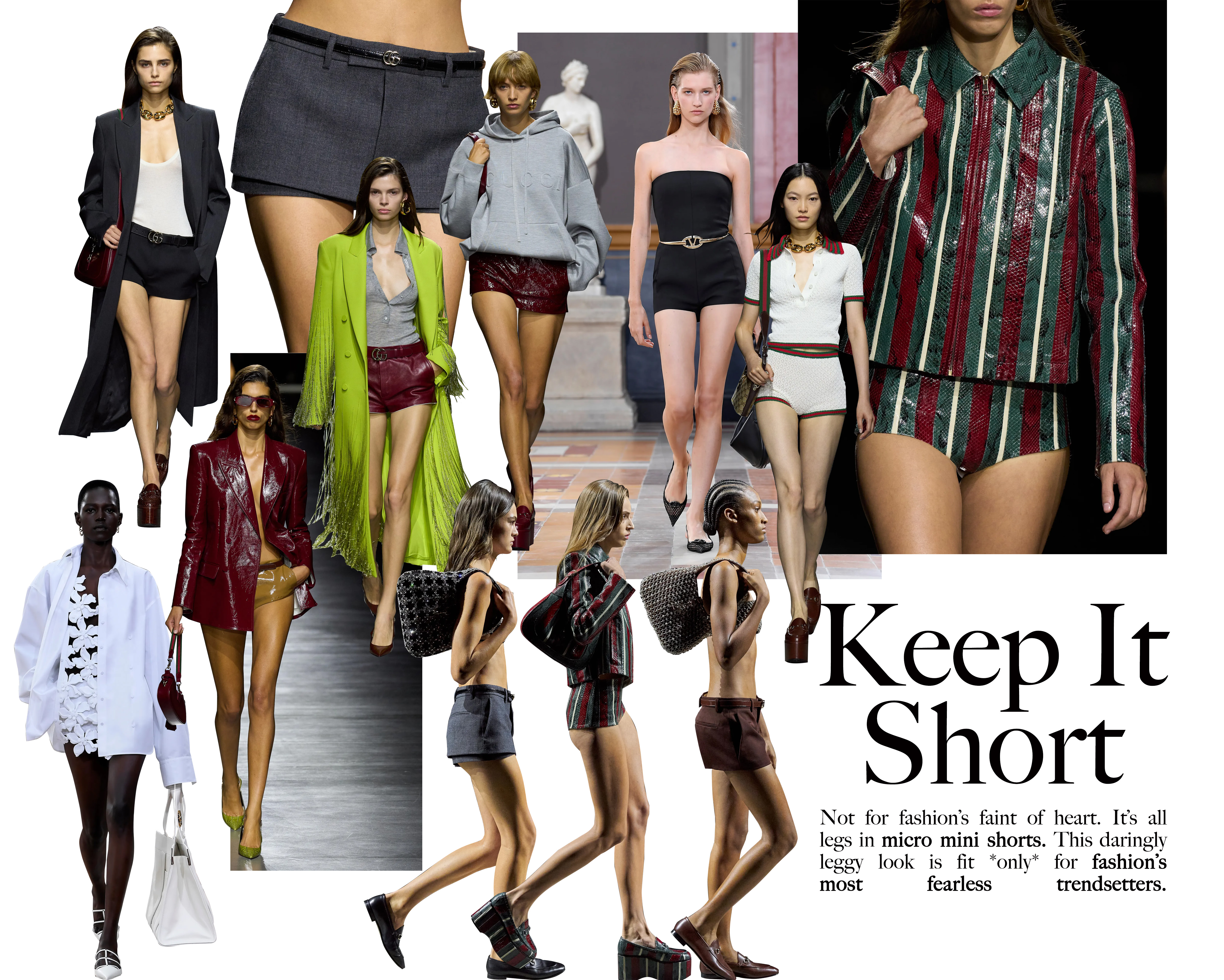 Collage di look con hot pants sulle passerelle di Gucci, Valentino e altri