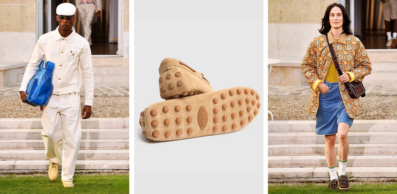 uomo in denim bianco e scarpe da barca, mocassini classici Gommino di Tod's, donna vestita casual con scarpe da barca e calzini