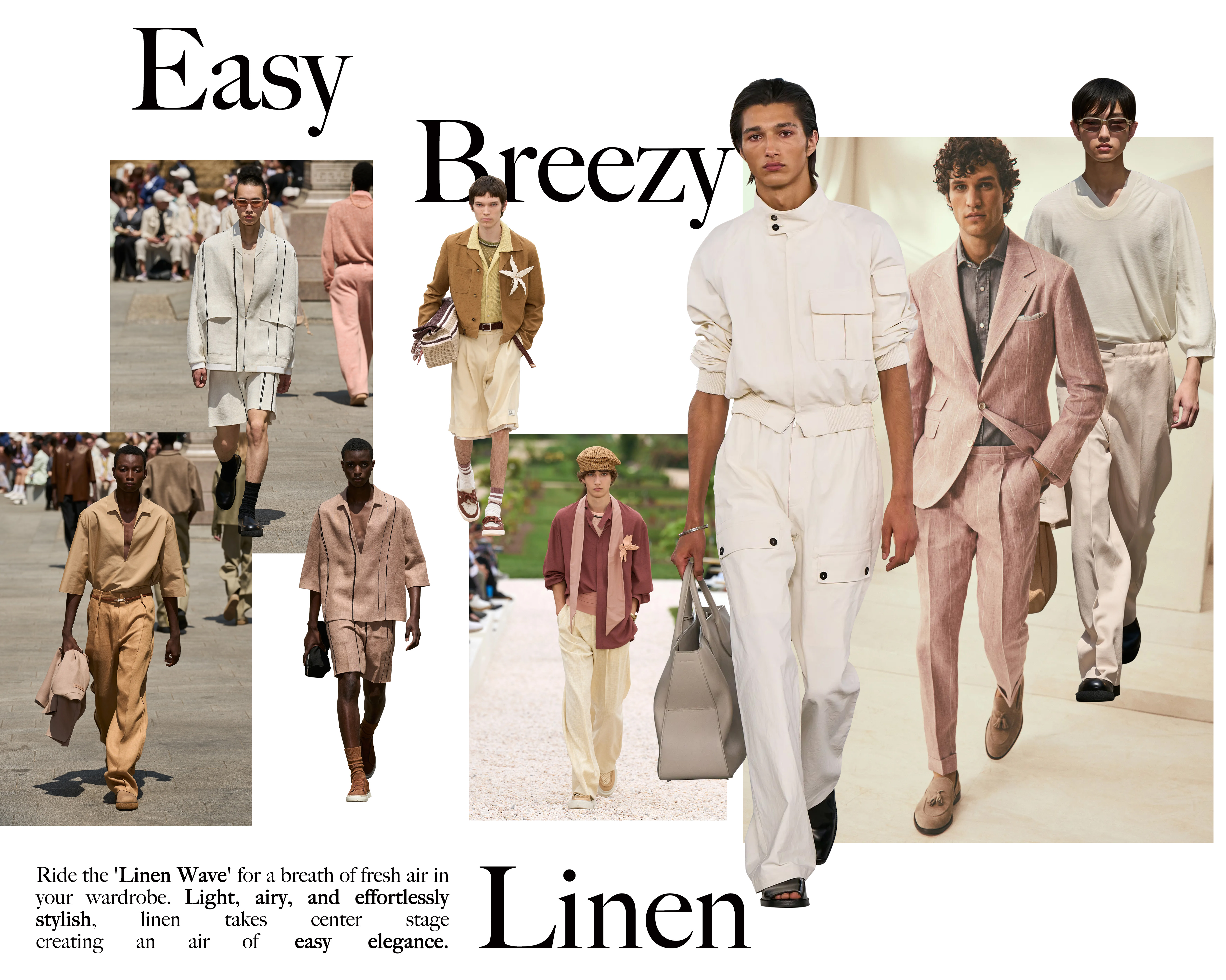 Collage of outfits of linen trend on runways