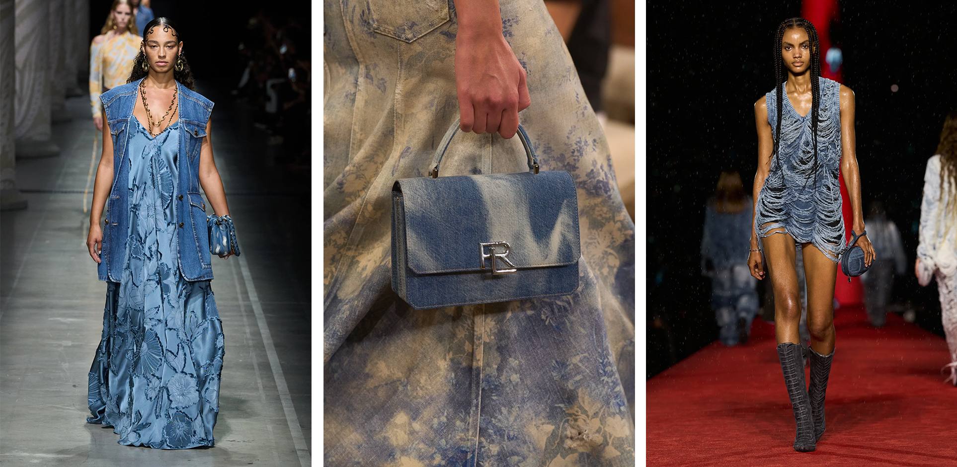 Look total denim in passerella con dettaglio borsa denim