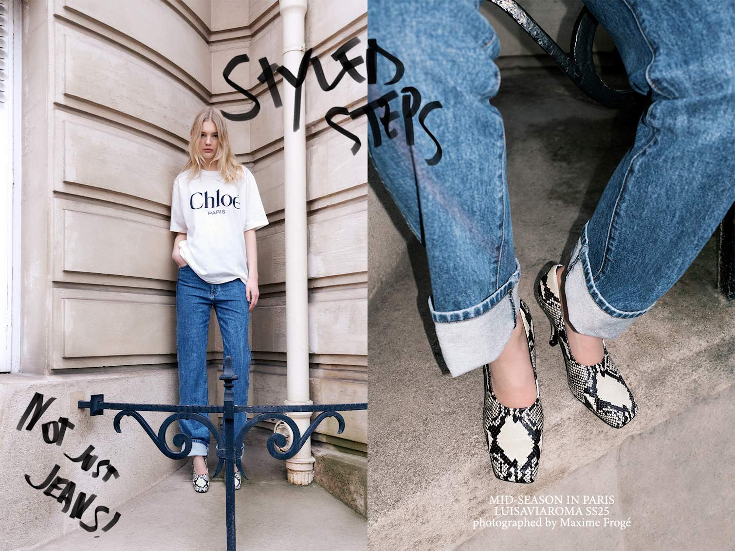 La Modella indossa una t-shirt in jersey con logo Chloé, jeans dritti a vita alta Danielle di Khaite e décolleté Eva in pelle stampa pitone.
