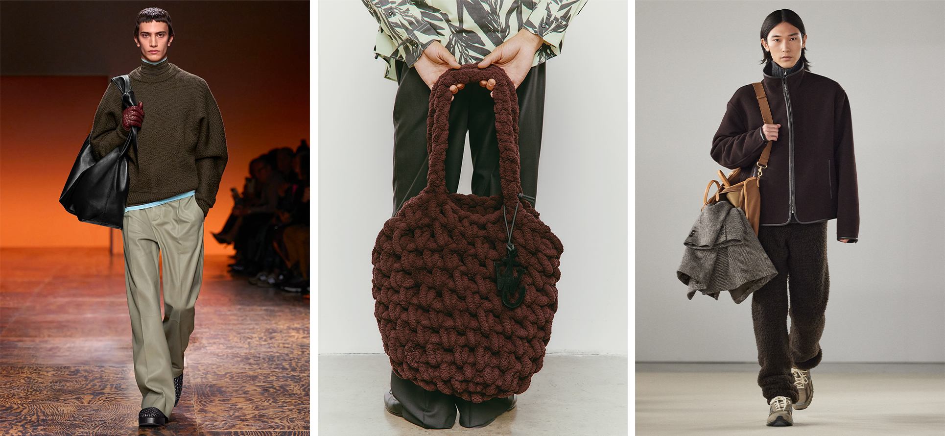 Bottega Veneta runway look model wears a brown sweater, maroon gloves, a large black leather shoulder bag, and olive green leather pants, Model holding JW Anderson XL Blanket shopper, Auralee runway model wears dark brown zip-up jacket and fuzzy knit sweatpants carrying a caramel-colored bag with a herringbone grey blazer draped over