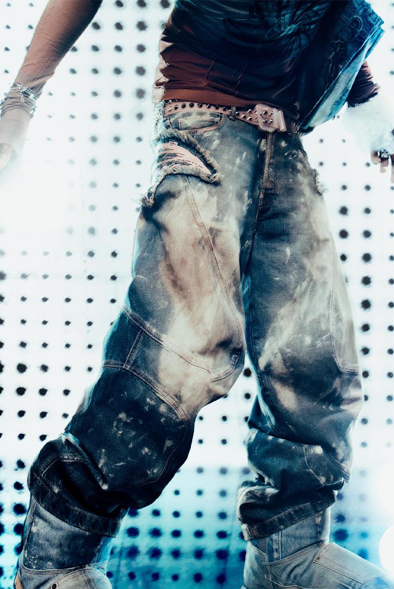 Bleached and destroyed effect baggy jeans and denim print boots