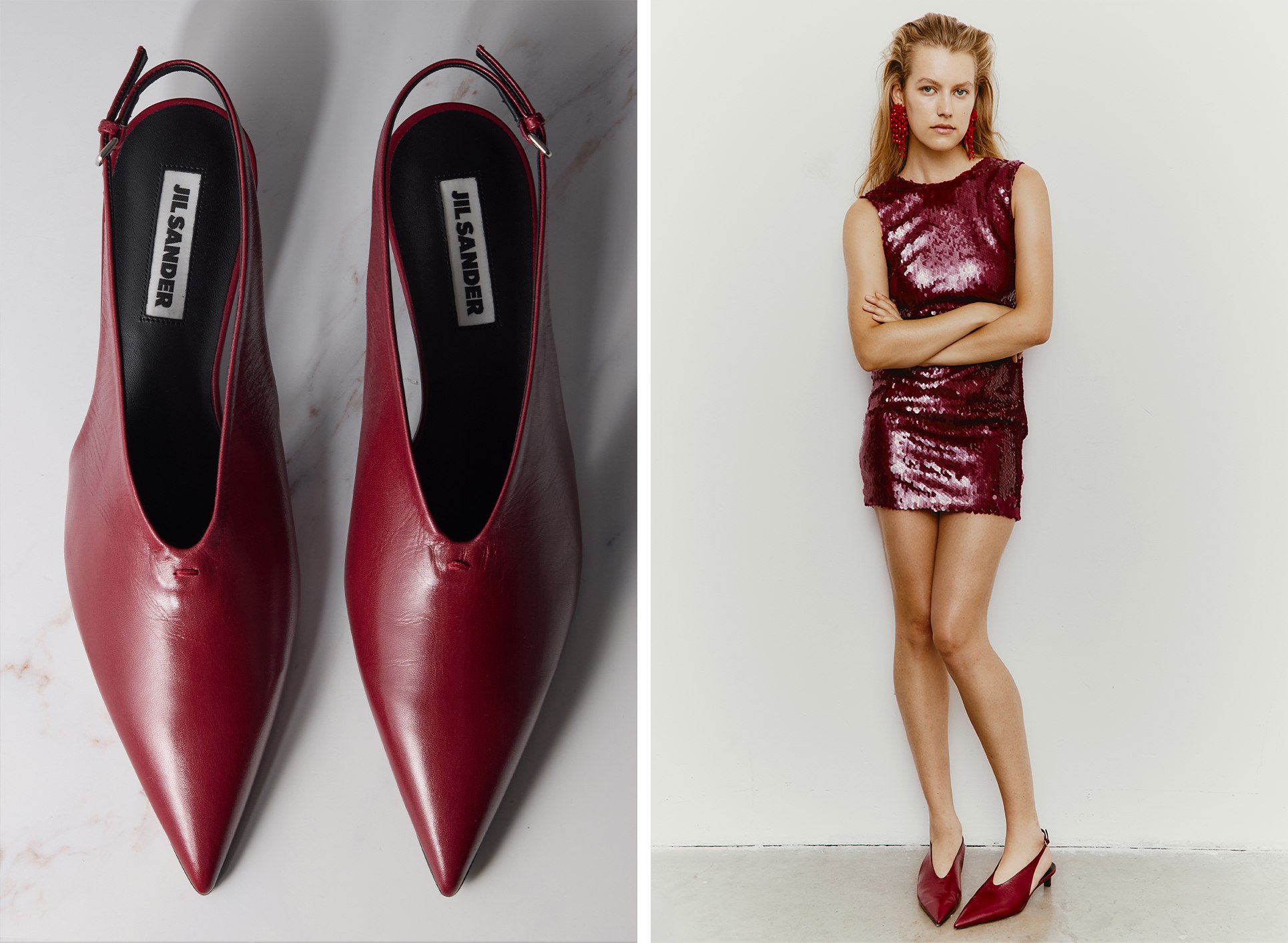 La modella in piedi con le braccia incrociate indossa un miniabito senza maniche con paillettes 16Arlington Ray, orecchini pendenti Hanabi di Isabel Marant e scarpe slingback Jil Sander da 35 mm in pelle, primo piano delle scarpe slingback a punta Jil Sander in pelle rosso ciliegia