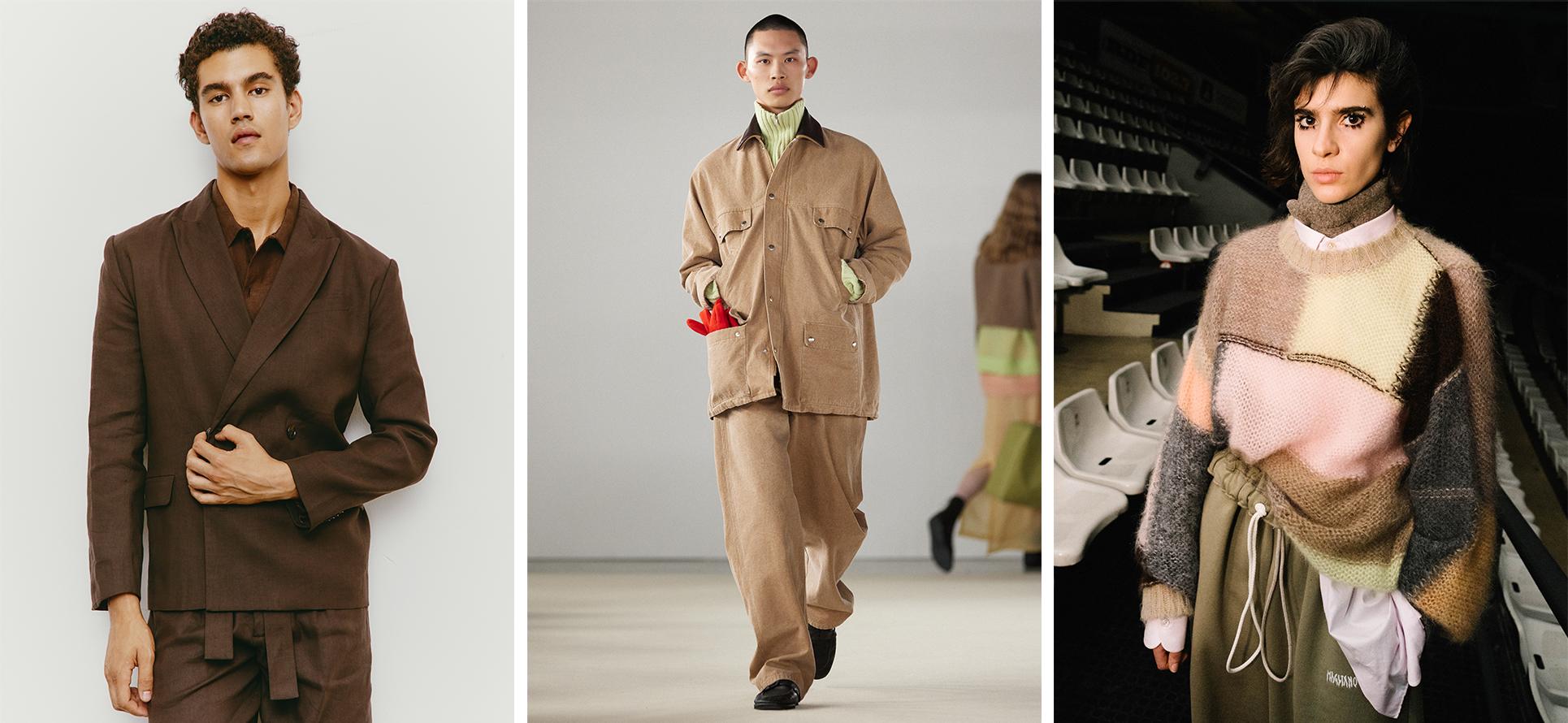 Man in brown linen suit from the brand Commas, Man in monochrome beige Auralee jacket and pants with a green sweater walking in a fashion show, Model wearing a multicolor wool sweater over a button-down shirt with olive green draw-cord sweatpants