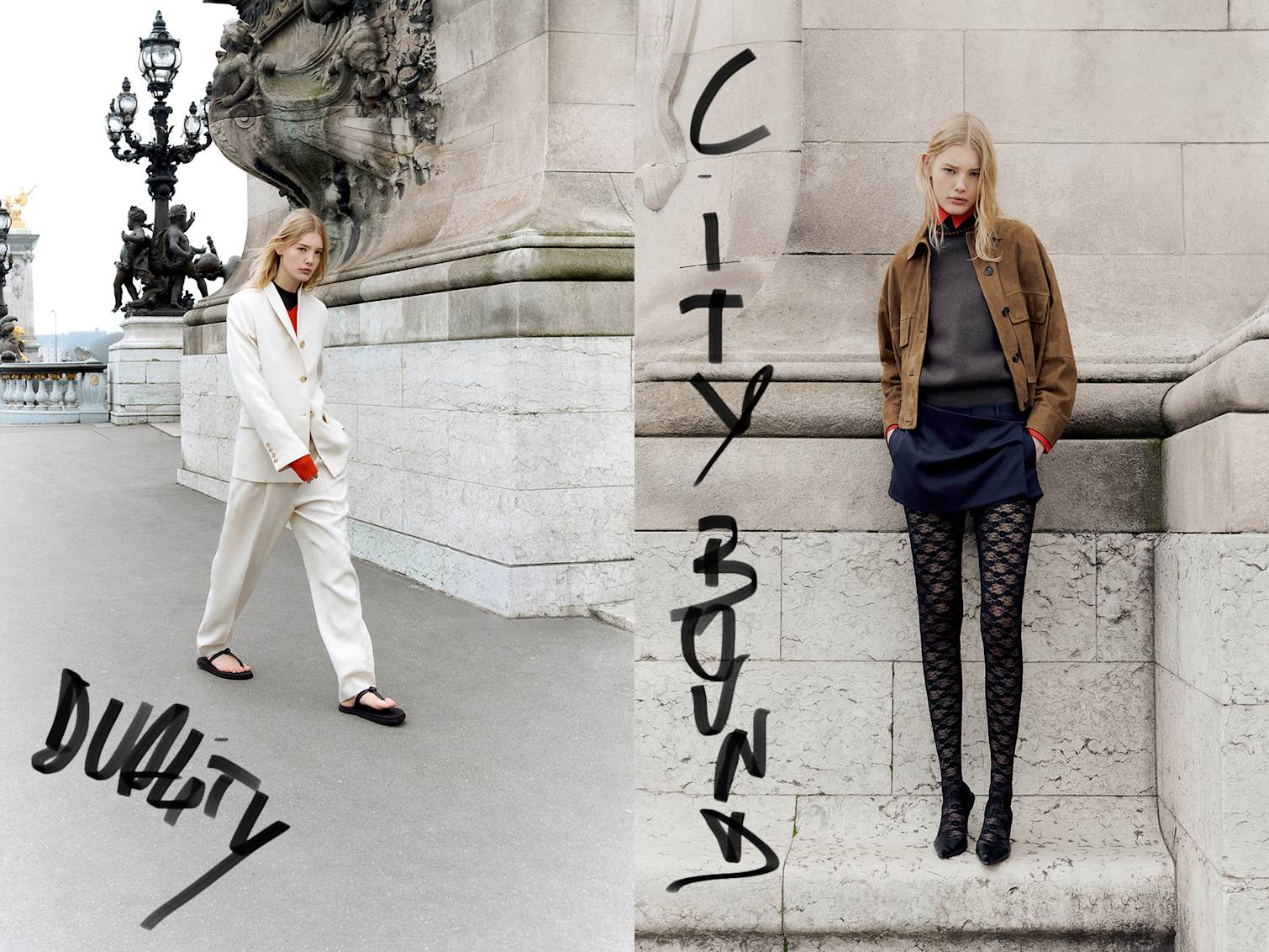 La modella passeggia per le strade di Parigi indossando un blazer Toteme, pantaloni The Row e sandali Emme Parson. La modella posa con le mani in tasca.