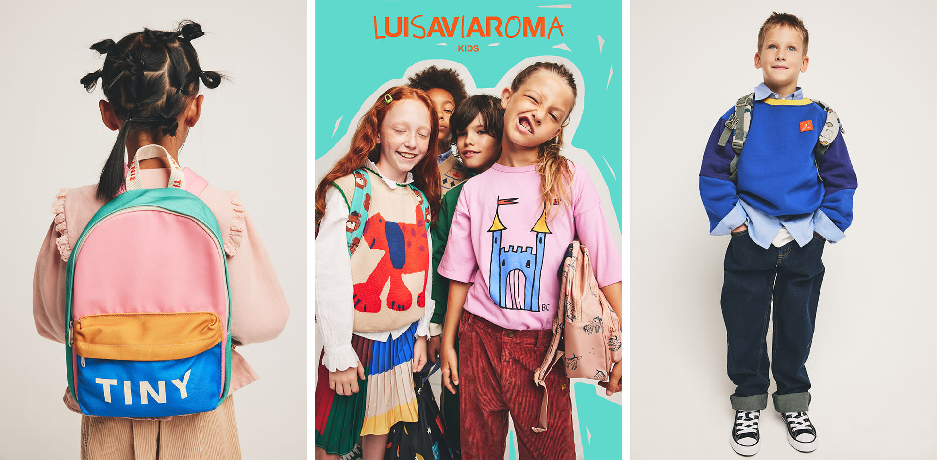 Bambini con zaini e outfit per il ritorno a scuola