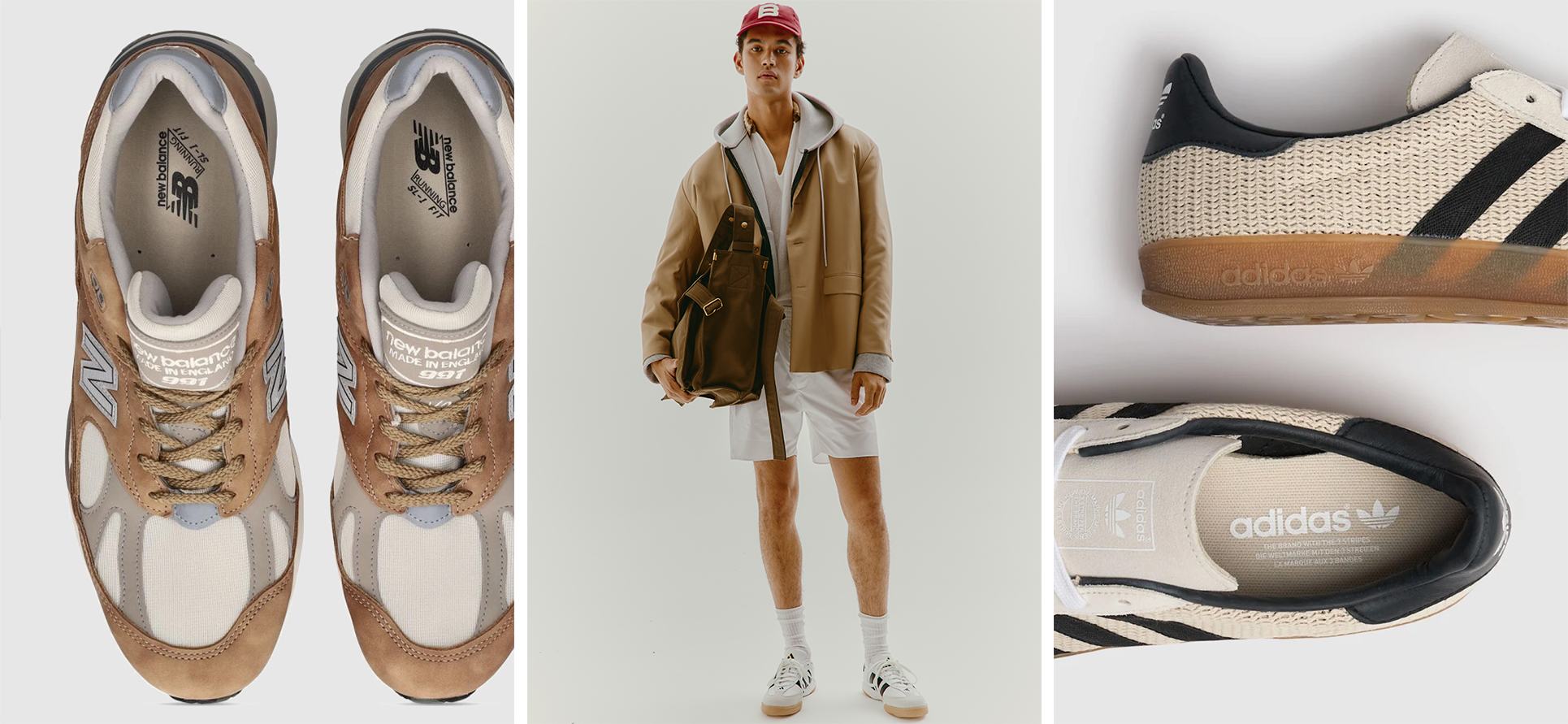 moda anni 70 sneakers uomo, outfit con modello e dettaglio sneakers adidas e new balance